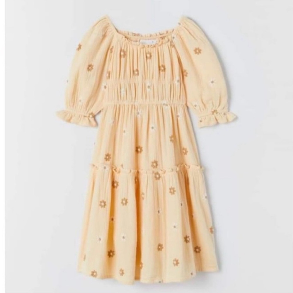 Zara Floral Daisy Embroidered Dress Summer Flowers Tiered Peasant Bohemian Boho